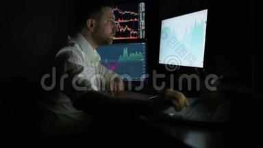 穿着白色衬衫的股票经纪人正在一个带有显示屏的黑暗<strong>监控室</strong>工作。 证券交易所交易外汇