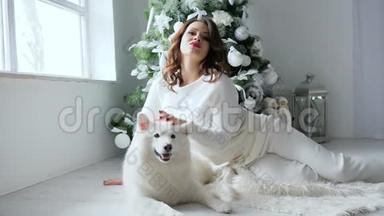 新年气氛，年轻女子在装饰圣诞树附近的摄影作品中，与白狗在舒适的气氛中摆姿势