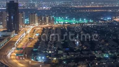阿拉伯联合酋长国迪拜城市夜景公寓和别墅鸟瞰图