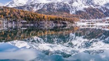 雪秋山湖倒影瑞士空中4k山瀑布湖倒影瑞士空中4k
