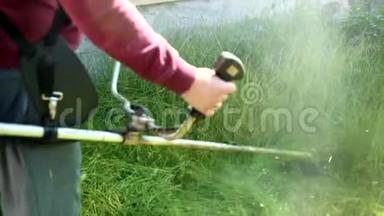 一个园丁用一台汽油割草机在割草机的手里割草