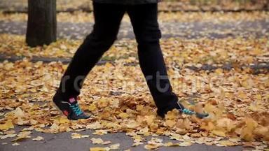 <strong>脚踩</strong>在秋天公园的黄叶上