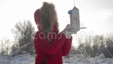 <strong>冬天</strong>公园里有个漂亮可爱的女孩，带着喂鸟器。 在树上喂鸟，寒假和假期概念，<strong>儿童</strong>