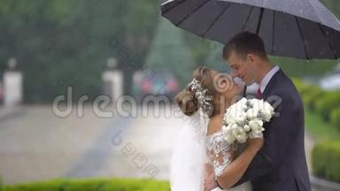 开朗时尚刚结婚的夫妇在雨中<strong>轻轻地</strong>拥抱在伞下。 半身像。