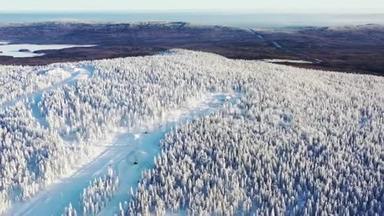 <strong>冬季</strong>，在<strong>蓝天</strong>的映衬下，山坡和滑<strong>雪</strong>道上被冰冻的针叶树包围。 录像