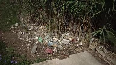 塑料，聚乙烯和玻璃垃圾在野外，环境污染，环境灾害，破坏自然