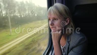 年轻女子坐火车旅行，看窗外美丽的风景，梦