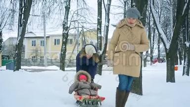 妈妈在冬天把她的<strong>小宝宝</strong>拉在雪橇上