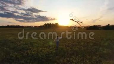 母亲和男孩带着风筝在绿色的田野上<strong>奔跑</strong>。 欢<strong>声</strong>笑语，喜庆的心情.. 秋天，日落