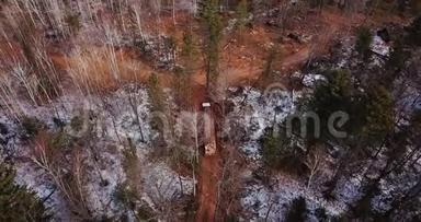一辆装载新锯木的伐木卡车正沿着泰加森林的一条路行驶在砍伐的树木之间
