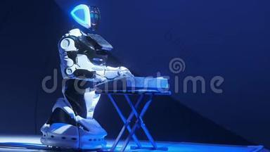 白色机器人在舞台上播放音乐。 为观众击鼓。 艺术<strong>方面</strong>的新<strong>技术</strong>.. 机器人创造音乐和艺术