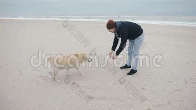 一个带着狗的年轻人在海滩上<strong>遇见</strong>了他的妻子和女儿。