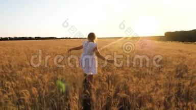 快乐的小女孩正在一片成熟的麦田里飞翔，在夕阳的背景下，慢悠悠地飞翔