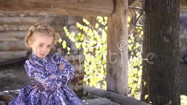 穿着传统服装的小漂亮女孩坐在一口古老的农村木井上的肖像。 <strong>双手交叉</strong>全高清