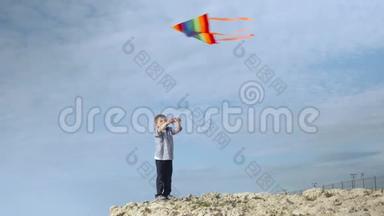 快乐可爱的小男孩带着彩色风筝在海边