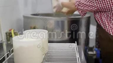 一家奶酪制作工厂的员工把奶酪豆腐放进<strong>塑料桶</strong>里。