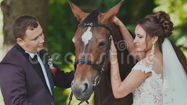 新娘和新郎在马旁边摆姿势。 他们高兴地抚摸着马。 一起快乐。 结婚纪念日。
