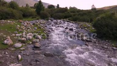 吉尔吉斯斯坦天山<strong>森林中</strong>石头和水流湍急的美丽<strong>河流</strong>