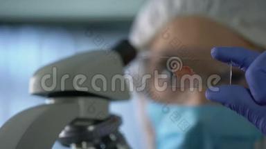 实验室助理看带血的显微镜幻灯片，基因研究，特写