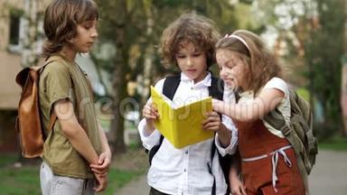 两个男孩和一个女孩，青少年，学校的孩子，讨论一本关于<strong>放学路上</strong>的书。 女孩看到了大黄蜂和