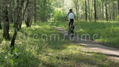 在一个阳光明媚的日子里，运动员骑自行车穿过森林。