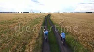 女孩和一个男人骑自行车沿着麦田。 和家人一起骑自行车旅行。 从高处看美丽的风景