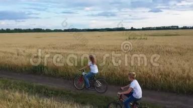女孩和一个男人骑自行车沿着麦田。 和家人一起骑自行车旅行。 从高处看美丽的风景