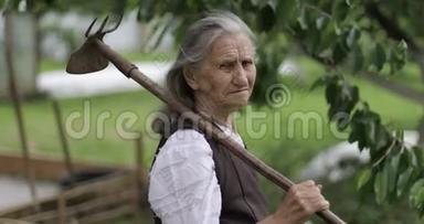 一位扛着<strong>锄头</strong>的老妇人的肖像。