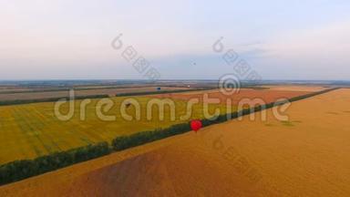 几个热气球飞过<strong>广袤</strong>的田野，富饶的农业