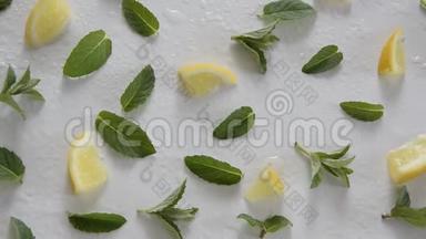 白色背景下柠檬片和薄荷草本植物的俯视图