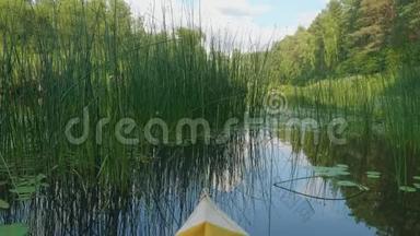 在沃里亚河上划独木舟的一对夫妇，在水中生长着茂密的绿色植物