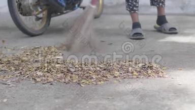 不明身份的女人在公园里用扫帚扫树叶。