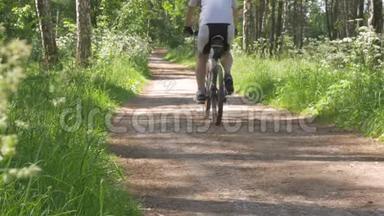 阳光明媚的一天，户外活动的一条小路。 在上面，人们跑着骑自行车。