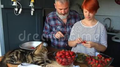 成年夫妇男女剥切草莓做草莓酱，互相喂饭，笑着玩，缅因州考恩凯特