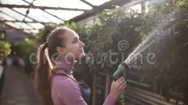 在温室里用花园软管均匀浇水的年轻漂亮的女园丁近景