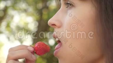 快乐的女孩夏天在花园里<strong>吃</strong>草莓。 美味的草莓甜点。 美丽的女孩<strong>吃醋</strong>