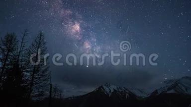 在晴朗的夜晚，银河系星星在白雪覆盖的山脉上消失