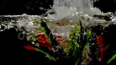 红色和绿色的<strong>辣椒</strong>掉进水里。 慢镜头<strong>视频</strong>