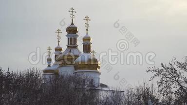 大的，美丽的教堂，雪躺在<strong>金色</strong>的圆顶上，清澈灰色的天空背景。 库存。 <strong>冬季</strong>景观
