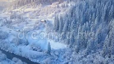 日落时分飞越雪山针叶林。 晴朗的晴朗的霜冻天气。 山里的小屋，冬天