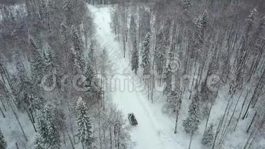 军事演习时，装甲运兵车在树林里。 剪辑。 森林中军用装甲运兵车的俯视图