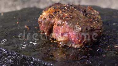 在户外野餐时，用火烤肉，用热，在热石上用多汁的脂肪牛排烹饪香料