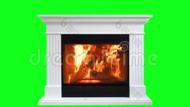 在绿屏隔离的壁炉中燃烧木材. 完美的自己的背景使用绿色屏幕