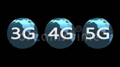 4k3G，4G，5G符号与旋转地球，网络技术背景。
