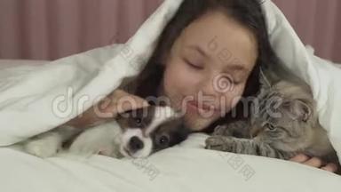 快乐少女与狗狗Papillon和泰猫在床上交流视频
