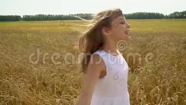 这位美丽的女孩喜欢俄罗斯田野的空地。 女孩走过成熟的麦子，微笑着
