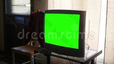 客厅里有一个大而厚的标准绿色屏幕通用电视