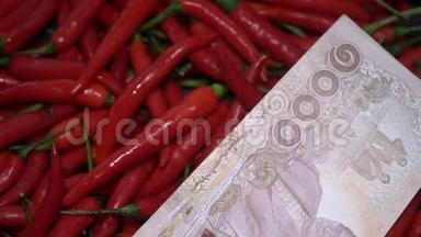 许多红辣椒与泰国国家货币泰铢旋转
