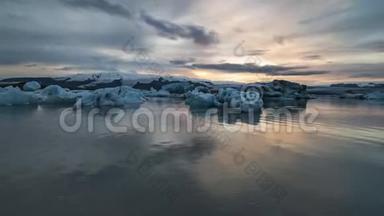 4K片电影中的日落时间片段-Jokusarlon冰川泻湖浮冰