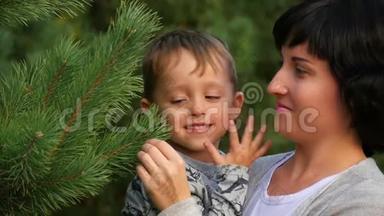 <strong>妈妈</strong>把她激动的小男孩抱在<strong>怀里</strong>，他们围着圣诞树追着爸爸
